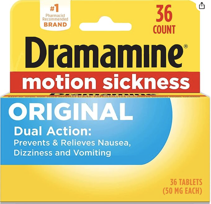 Image of a box of Dramamine Original, an over-the-counter medication for motion sickness relief. The box is yellow with blue and white text, prominently displaying the Dramamine logo and 'Original Formula.' The packaging highlights its use for preventing and treating symptoms like nausea, dizziness, and vomiting associated with motion sickness. The box also indicates the number of tablets included. The box is shown against a neutral background, with its details clearly visible.